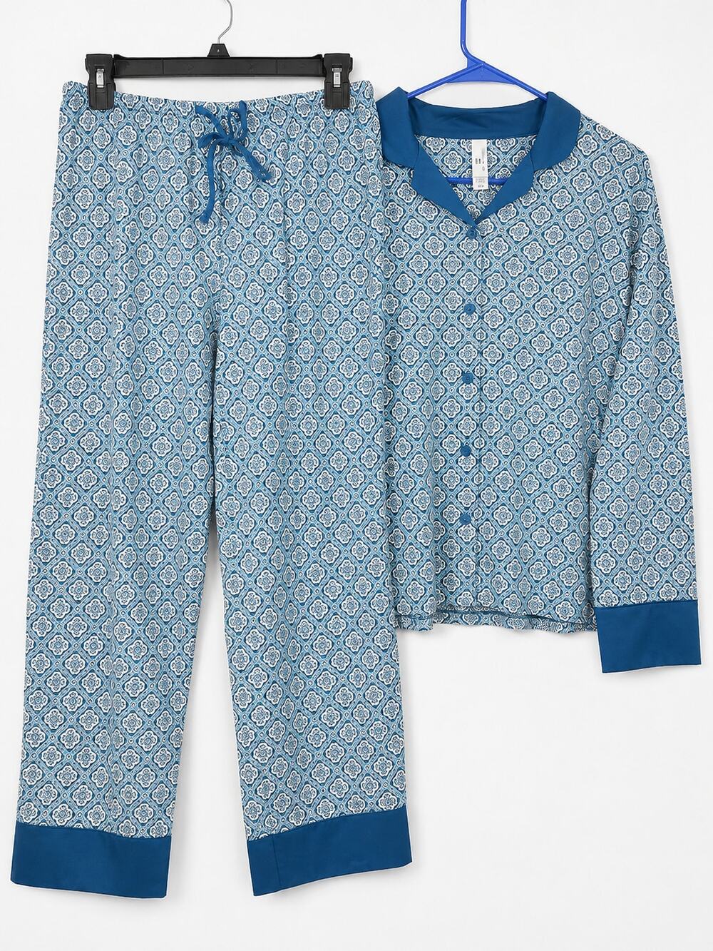 Flora Nikrooz Women’s 2-Piece Pajama Set Blue Geometric Print Long Sleeve Size S
